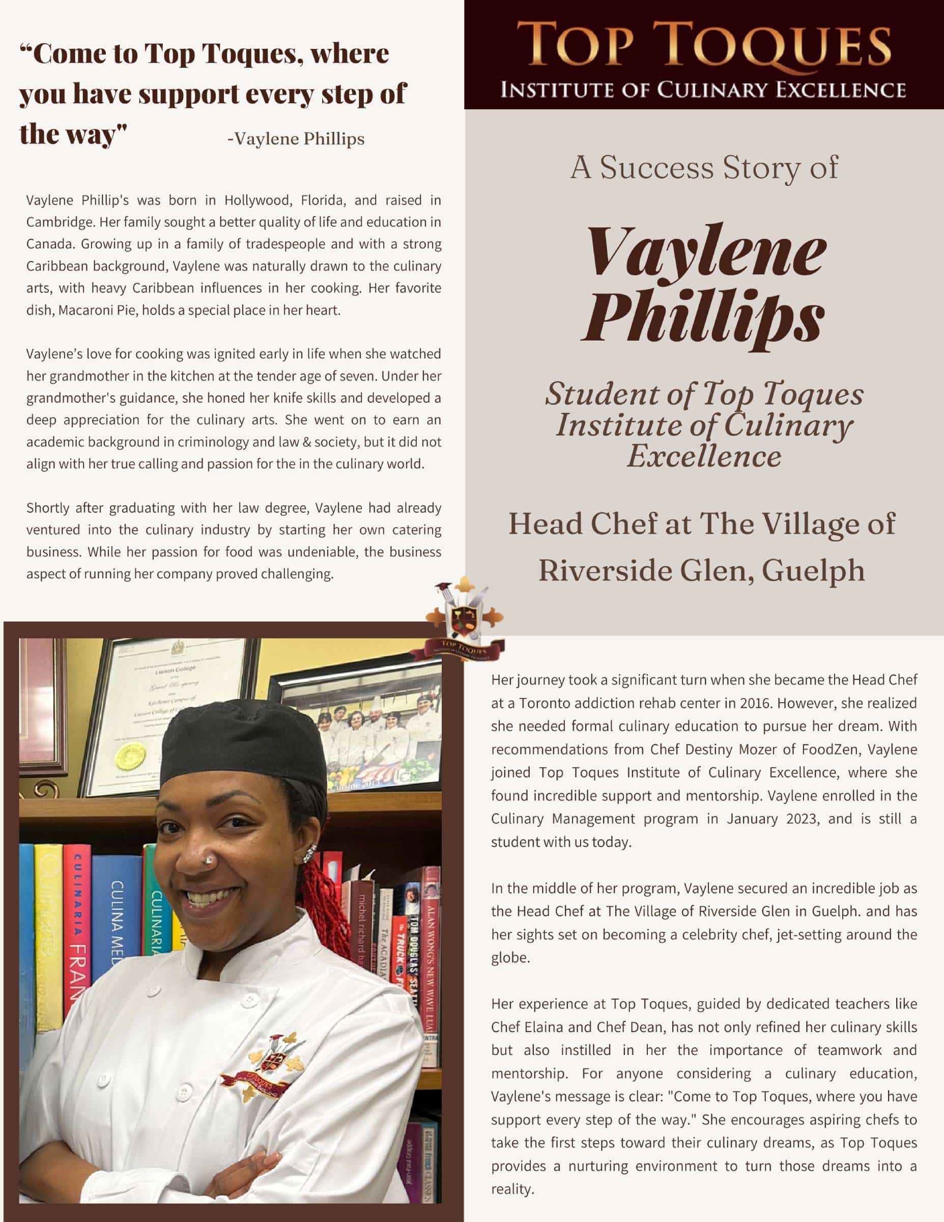 Student Success Story - Vaylene Phillips - Document - Top Toques Institute of Culinary Excellence